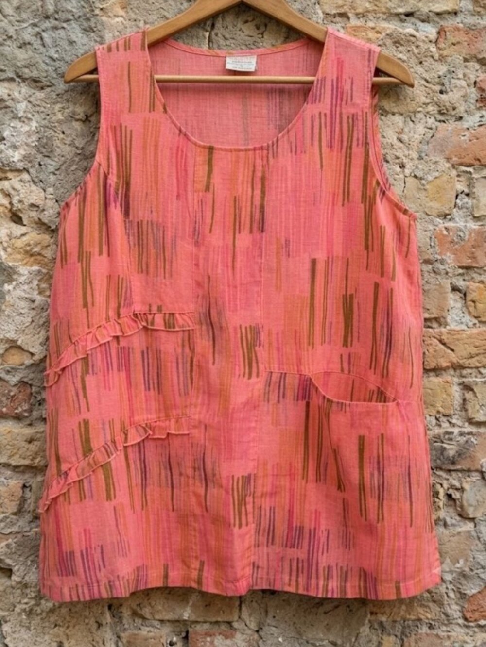 Click C.M.C. L 100% Linen Blouse Top Shirt Ruffle Pocket Print Pink Sleeveless